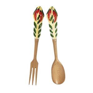Orvieto Hand-Painted Red Chili Design Ceramic &  Wood Salad Serving Fork & Spoon
